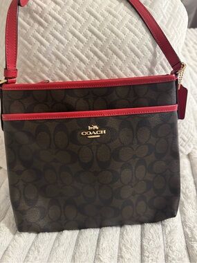 BNWT Coach File Bag Crossbody or Drop shoulder in Brown with Red Leather Trim